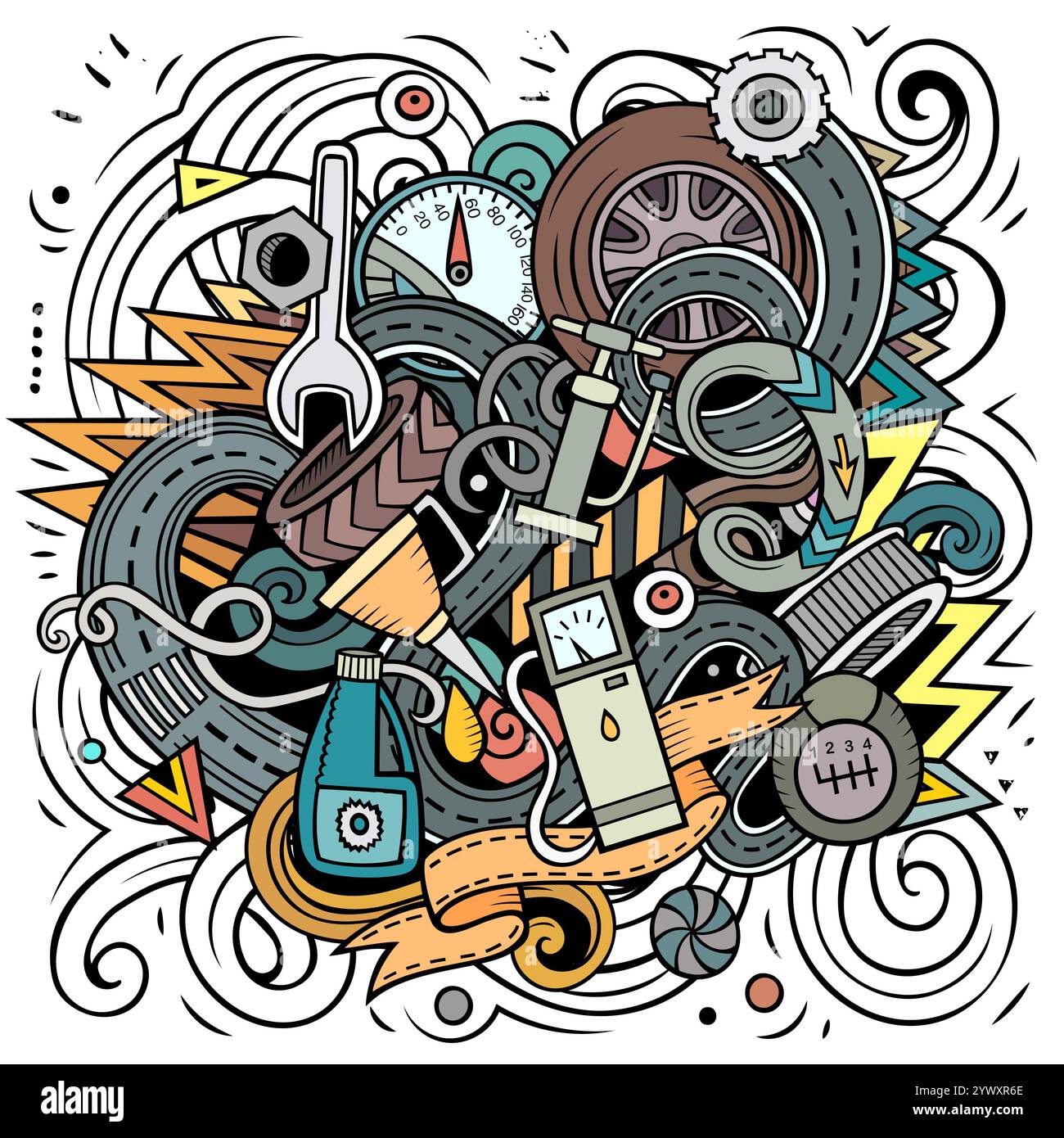 Autom. Service Cartoon-Vektor-Illustration. Farbenfrohe, detailreiche Komposition mit vielen Objekten und Symbolen im Automobilbereich Stock Vektor