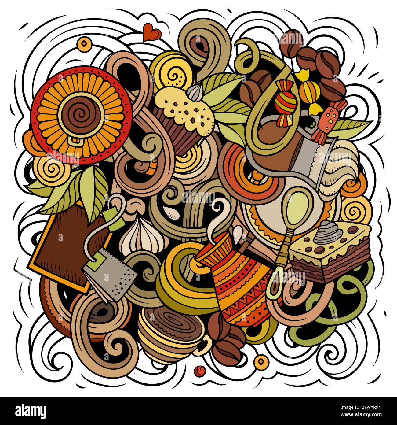 Cafe Hand gezeichnete Vektor-Kritzelillustration. Kaffeedesign. Teezeit Elemente und Objekte Zeichentrickhintergrund. Buntes, lustiges Bild Stock Vektor