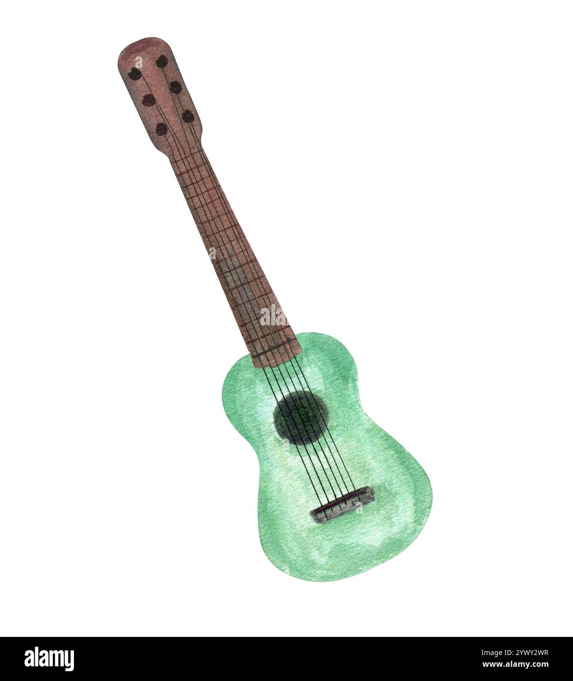 Sechs Saiten Gitarren Aquarellillustration. Grünbraunes Musiksaiteninstrument. Klassisches Element für Musikpädagogik, Buchdekor, Jazz Stockfoto