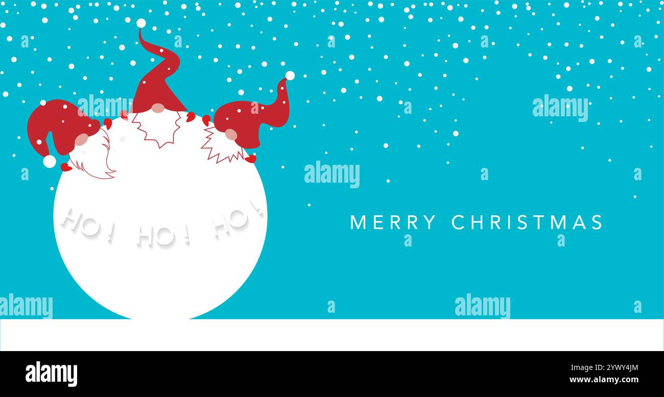 Festliches Weihnachtsbanner mit großem Schneeball und Set skandinavischen nordischen Zwergen, süßen Weihnachtsmütze Gnomes, Ho Ho Ho Elf. Blauer Hintergrund Stock Vektor