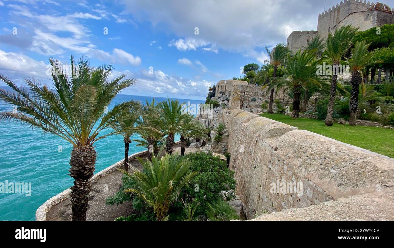 Wunderschöne Aussicht von einem Garten mit Palmen auf das Meer. Stockfoto