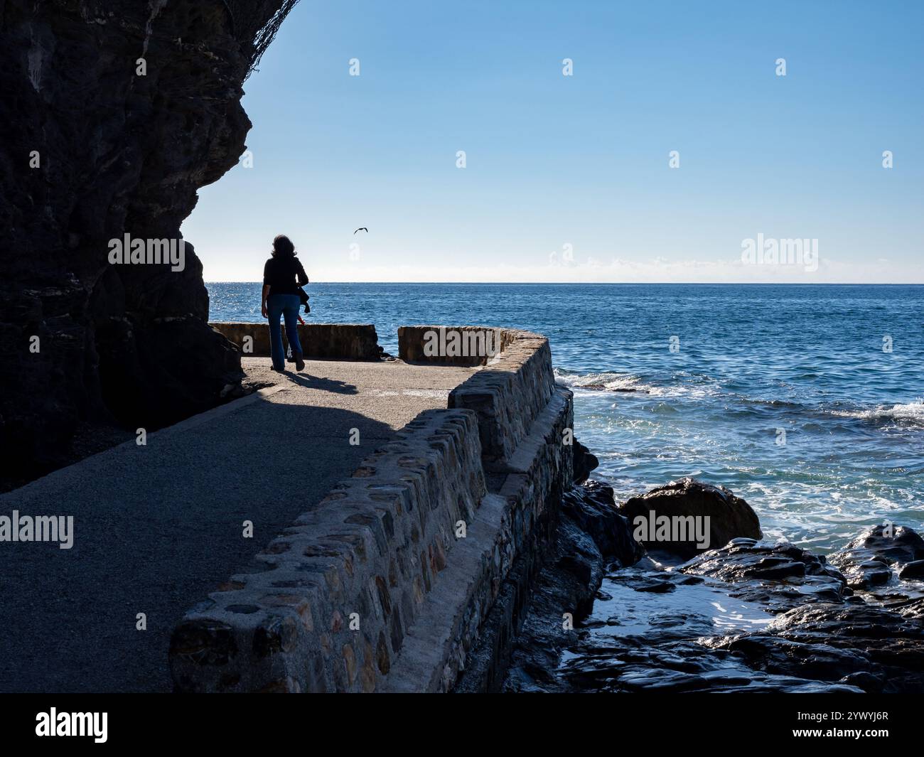 Frau von hinten gesehen auf einem Steinweg am Meer Stockfoto