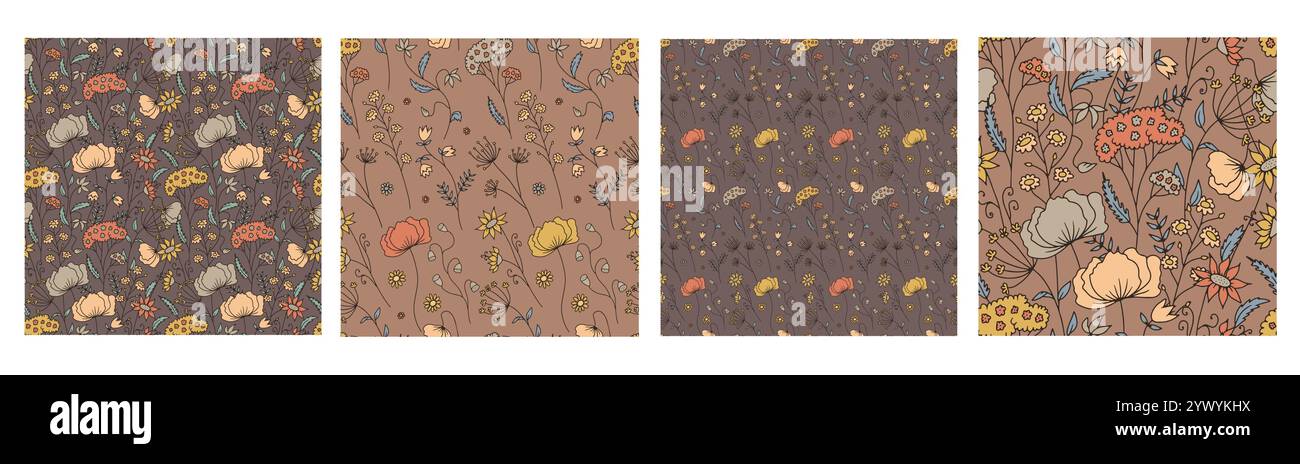 Set von nahtlosen Mustern mit handgezeichneten braunen abstrakten Wildblumen Stock Vektor