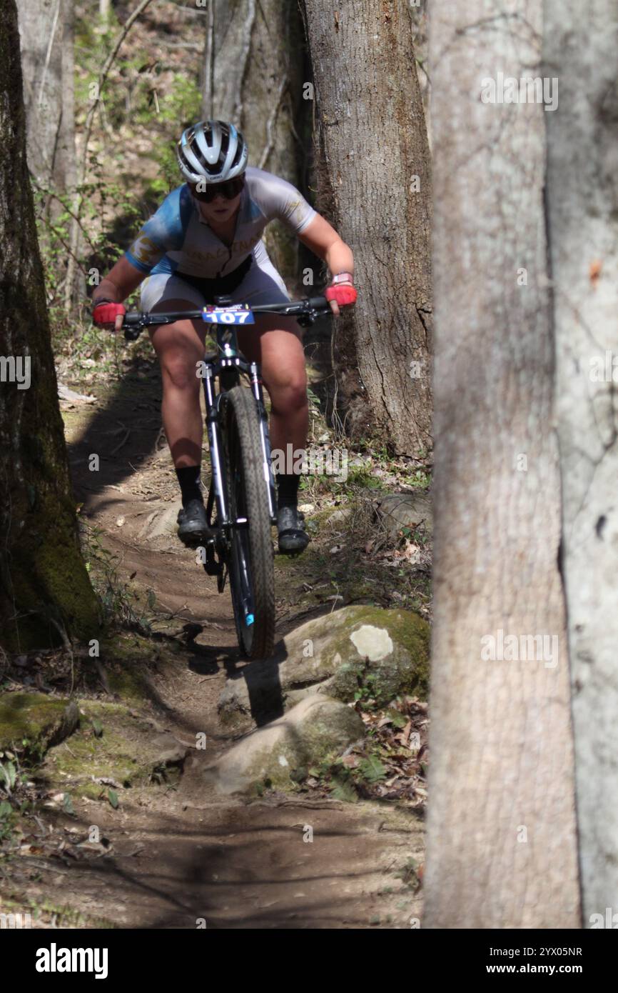 Cross Country Trail Race/XCO Race im WindRock Bicycle Park in Oliver Springs, Tennessee, USA. Stockfoto