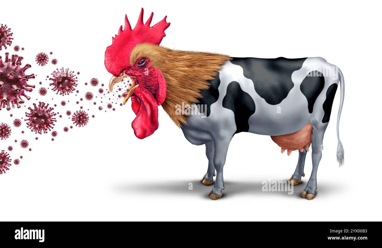 Vogelgrippemutation und Milchkühe, die eine hochpathogene Aviäre Influenza oder HPAI auf eine Milchkuh übertragen, da sie ein landwirtschaftliches Virus oder ein Gesundheitsrisiko für Tiere darstellen Stockfoto