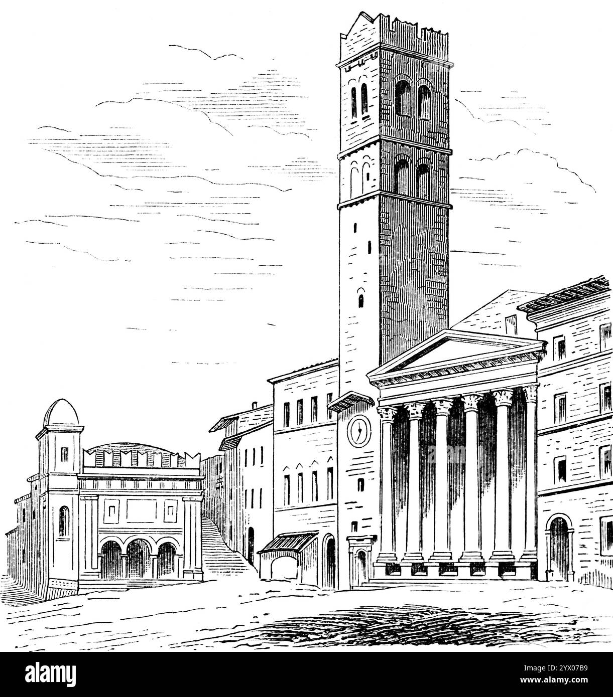 Platz in Assisi, Kirche und Palazzo Bozzoni mit Turm, Perugia, Umbrien, Italien, Südeuropa, historische Abbildung 1877 Stockfoto