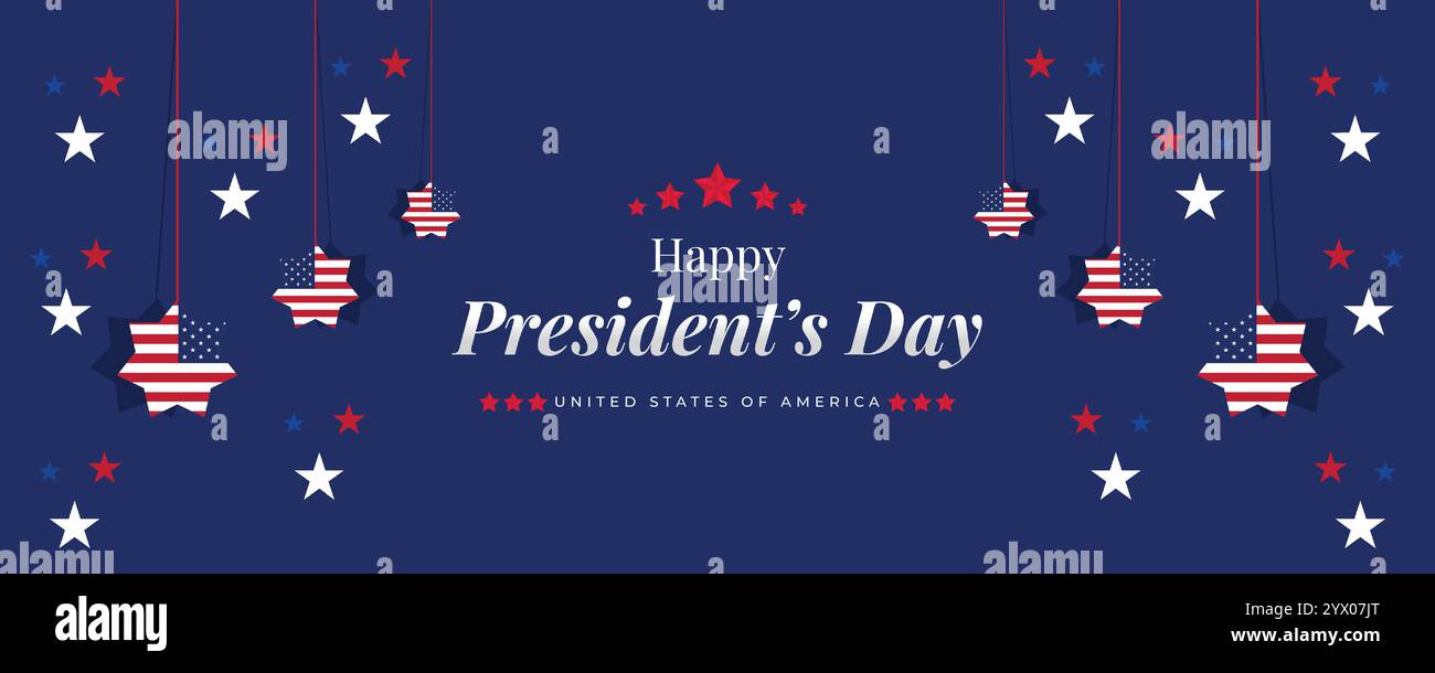 Webbanner zum „Happy Presidents Day“ mit US-Flagge. Titelseite Des Präsidenten-Tages, Website, Kopfzeilenhintergrund. Washingtons Geburtstag wurde in den Vereinigten Staaten gefeiert Stock Vektor