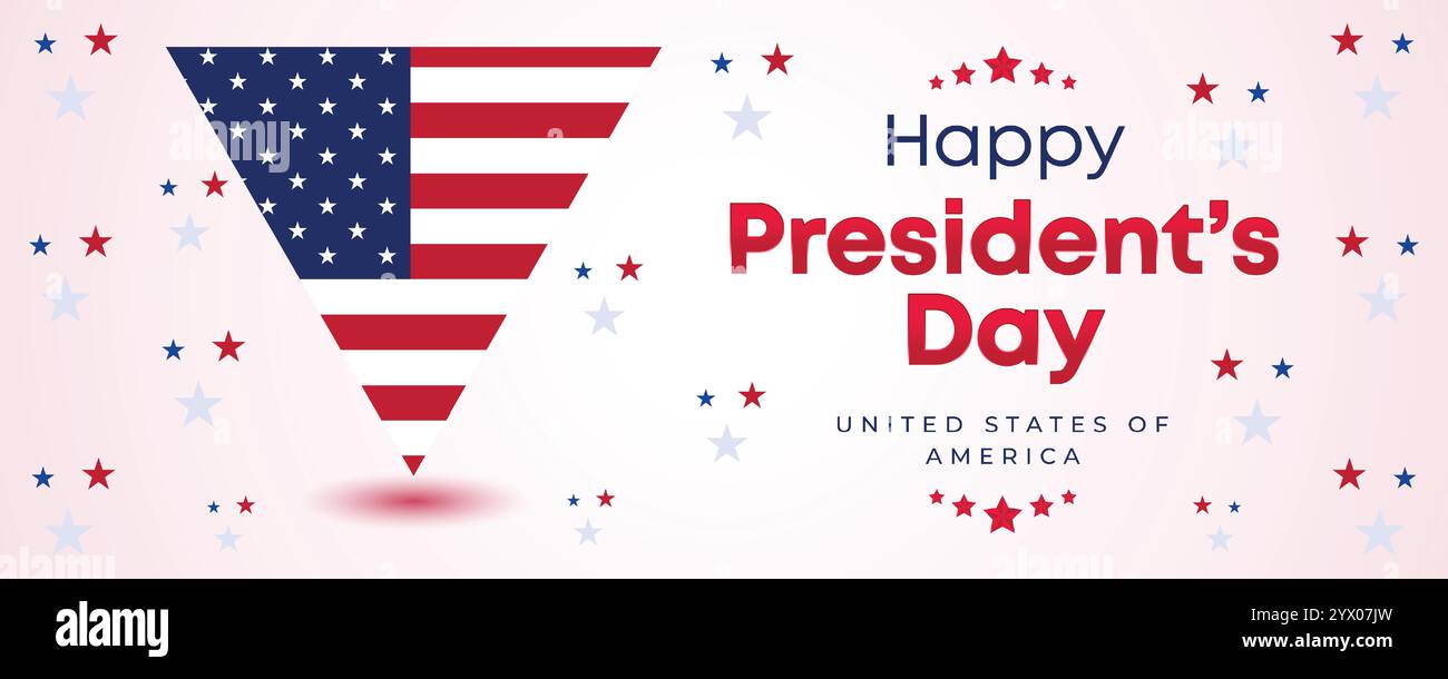 Webbanner zum „Happy Presidents Day“ mit US-Flagge. Titelseite Des Präsidenten-Tages, Website, Kopfzeilenhintergrund. Washingtons Geburtstag wurde in den Vereinigten Staaten gefeiert Stock Vektor