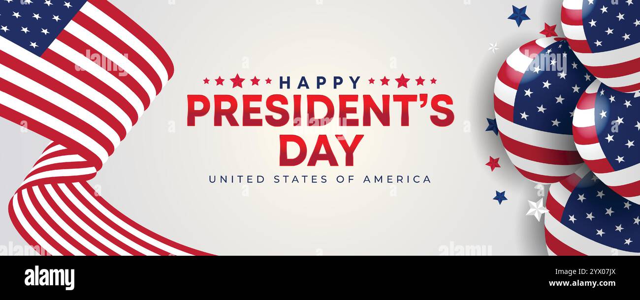 Webbanner zum „Happy Presidents Day“ mit US-Flagge. Titelseite Des Präsidenten-Tages, Website, Kopfzeilenhintergrund. Washingtons Geburtstag wurde in den Vereinigten Staaten gefeiert Stock Vektor