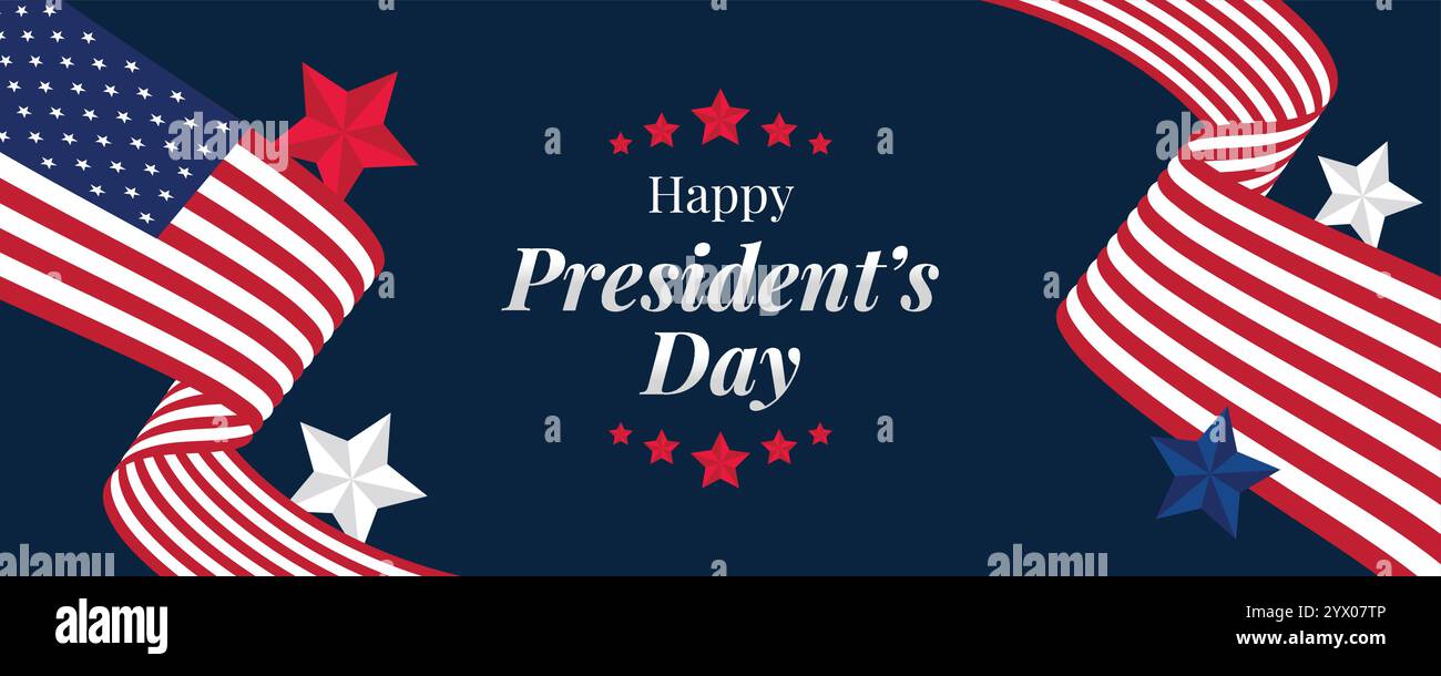 Webbanner zum „Happy Presidents Day“ mit US-Flagge. Titelseite Des Präsidenten-Tages, Website, Kopfzeilenhintergrund. Washingtons Geburtstag wurde in den Vereinigten Staaten gefeiert Stock Vektor