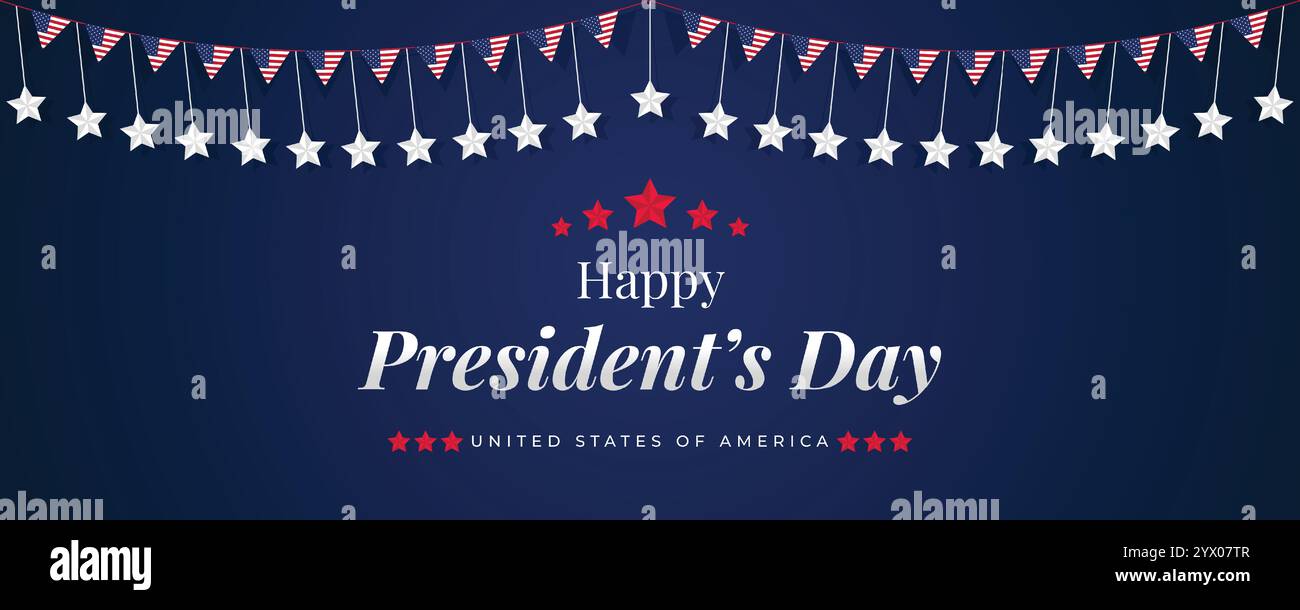Webbanner zum „Happy Presidents Day“ mit US-Flagge. Titelseite Des Präsidenten-Tages, Website, Kopfzeilenhintergrund. Washingtons Geburtstag wurde in den Vereinigten Staaten gefeiert Stock Vektor