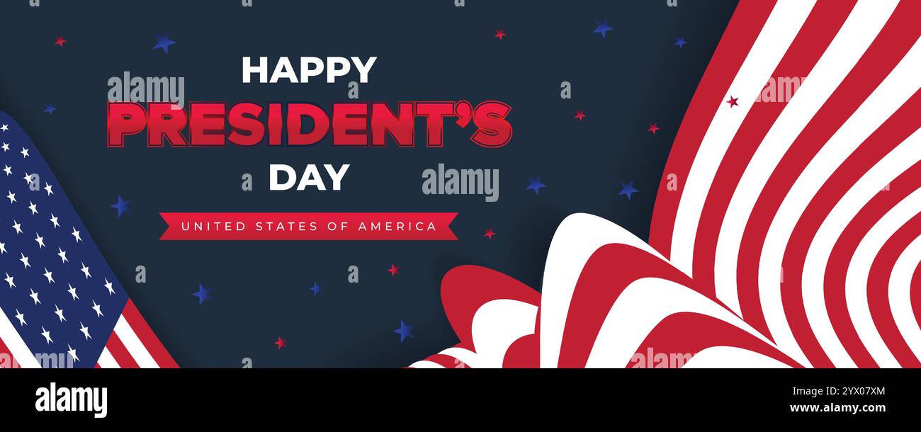 Webbanner zum „Happy Presidents Day“ mit US-Flagge. Titelseite Des Präsidenten-Tages, Website, Kopfzeilenhintergrund. Washingtons Geburtstag wurde in den Vereinigten Staaten gefeiert Stock Vektor