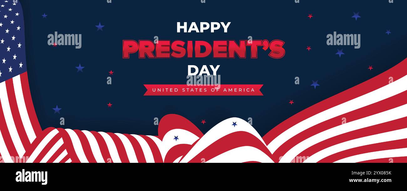 Webbanner zum „Happy Presidents Day“ mit US-Flagge. Titelseite Des Präsidenten-Tages, Website, Kopfzeilenhintergrund. Washingtons Geburtstag wurde in den Vereinigten Staaten gefeiert Stock Vektor