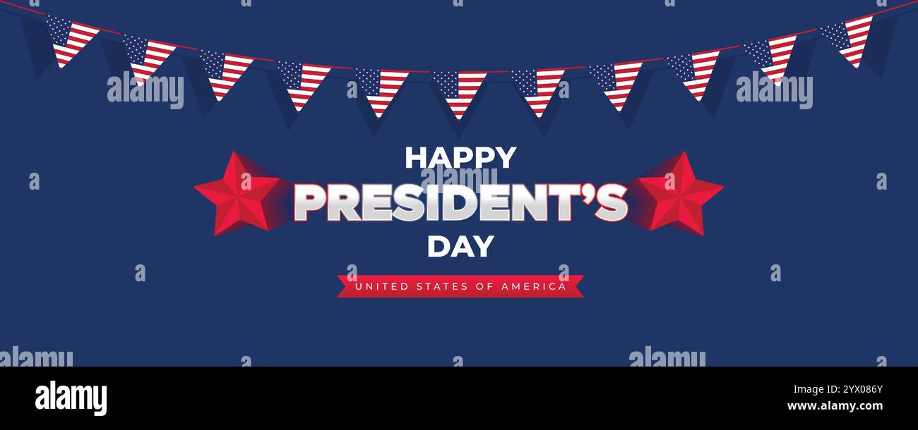 Webbanner zum „Happy Presidents Day“ mit US-Flagge. Titelseite Des Präsidenten-Tages, Website, Kopfzeilenhintergrund. Washingtons Geburtstag wurde in den Vereinigten Staaten gefeiert Stock Vektor