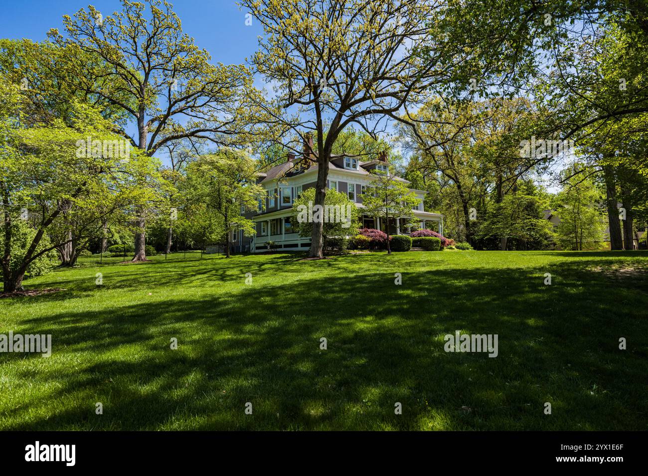 Wunderschönes Haus umgeben von Bäumen und grünem Rasen an einem sonnigen Tag Stockfoto