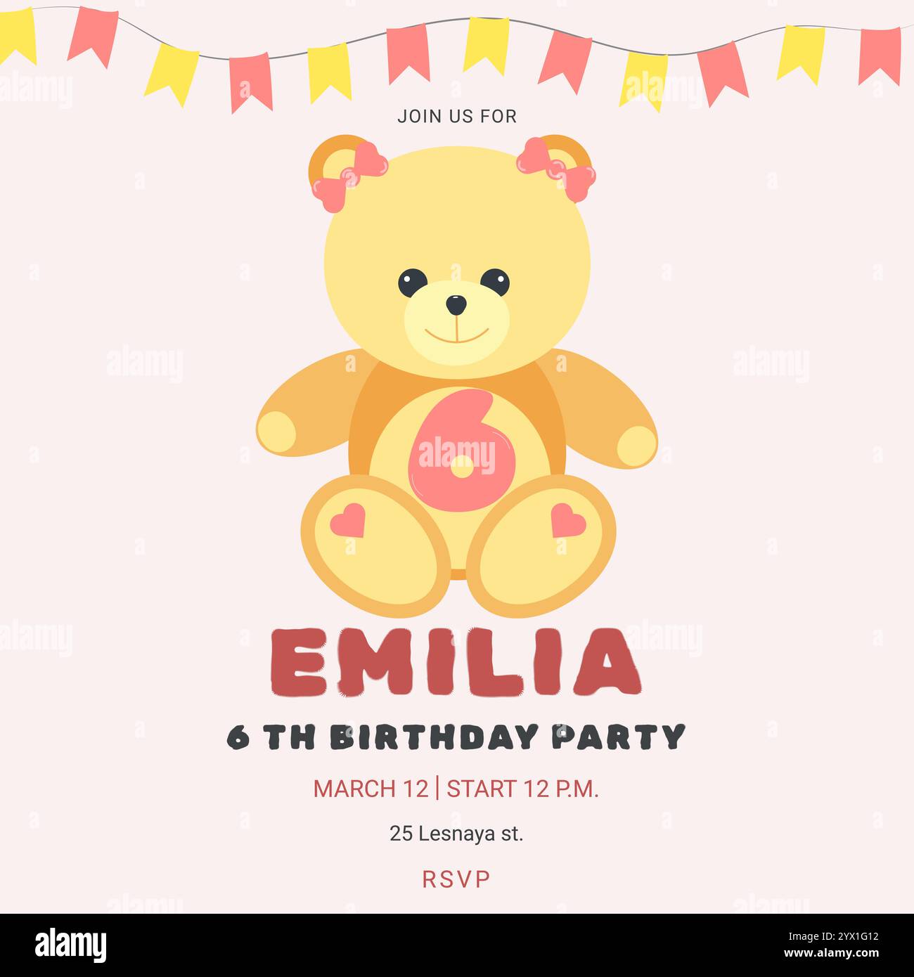Geburtstagsfeier für Kinder mit süßem Bären und Nummer. Feierlichkeiten zum 6. Geburtstag. Grußkartenvorlage für Kinder. Vektorabbildung. Stock Vektor