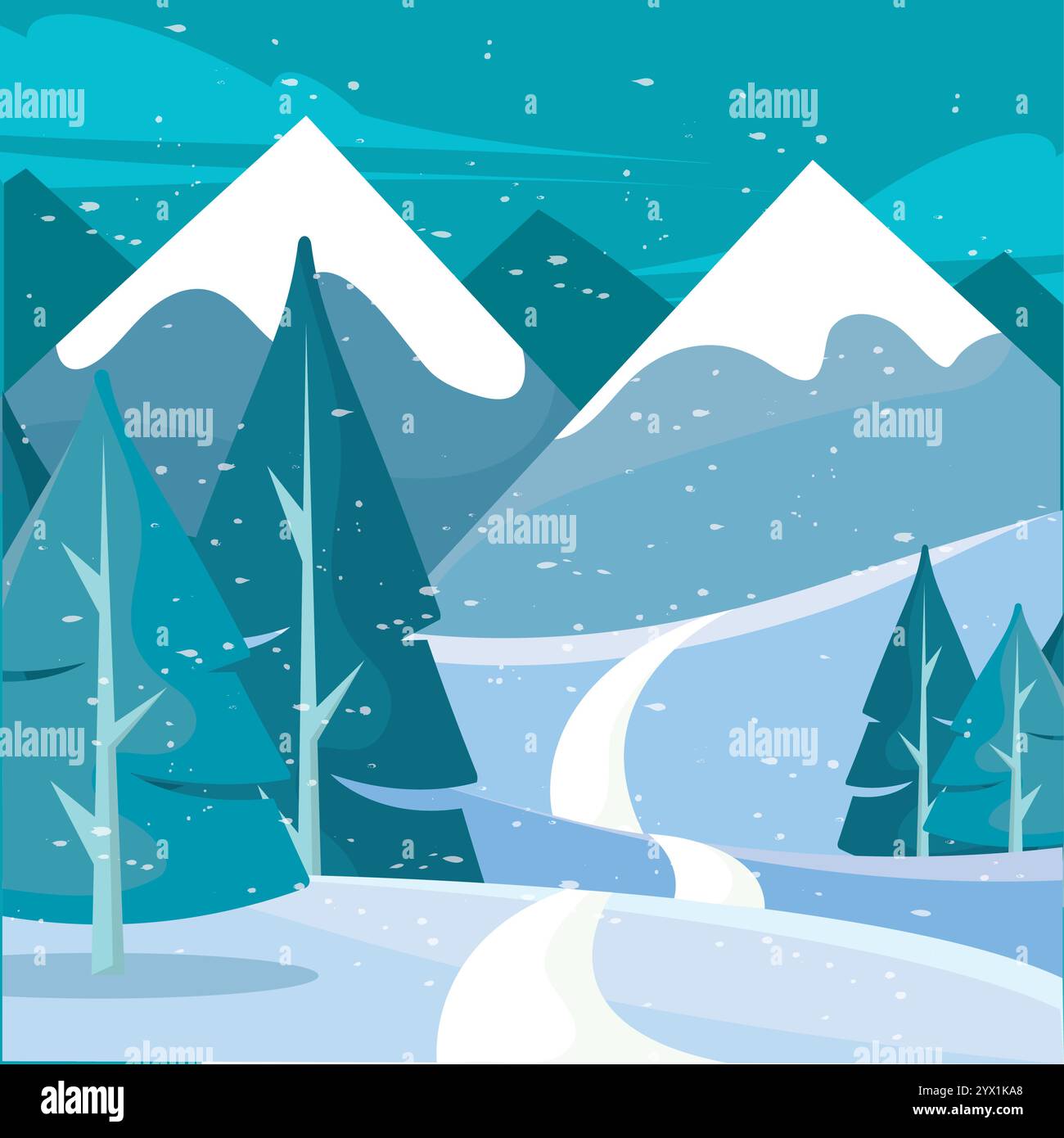 Verschneite Berge und gewundene Straße durch Kiefernwald Vector Stock Vektor