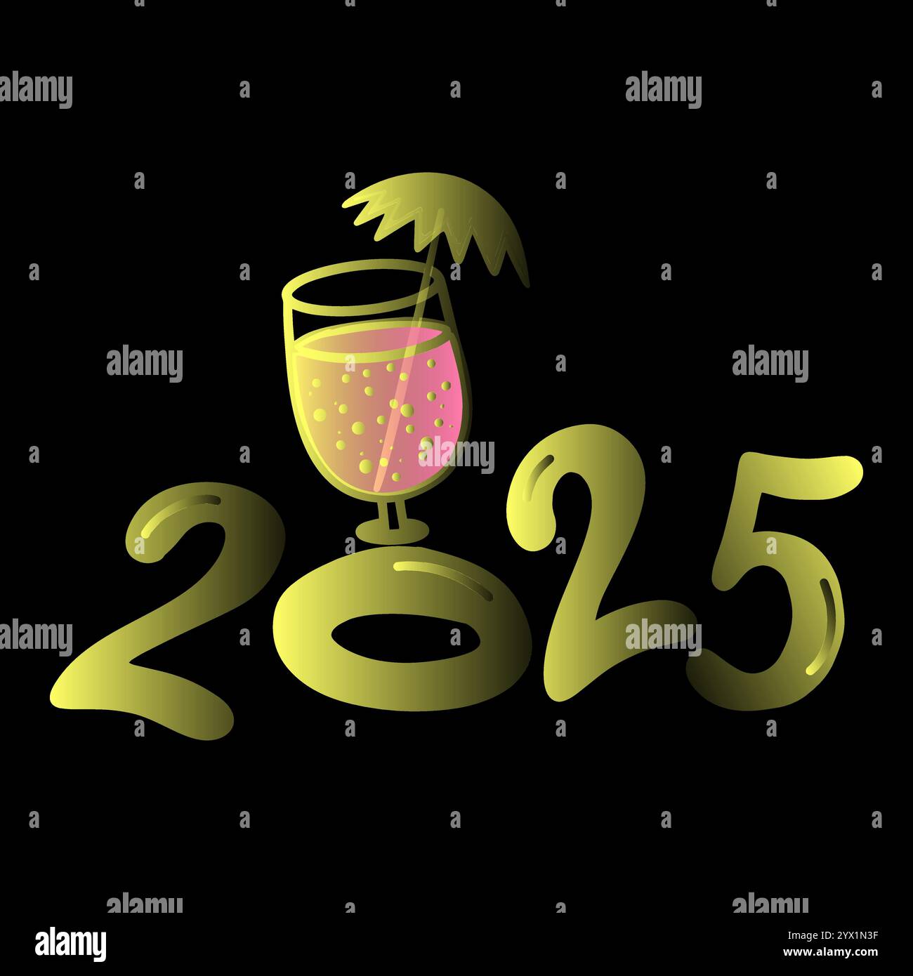 Neujahrskarte in gelber Neonfarbe auf schwarzem Hintergrund Stock Vektor