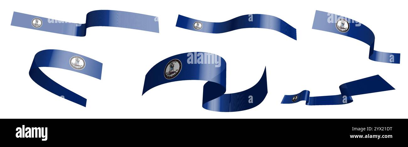 Set mit Weihnachtsbändern. Die Flagge des amerikanischen Bundesstaates Virginia winkt im Wind. Trennung in untere und obere Schichten. Konstruktionselement. Vektor auf weißem bac Stock Vektor