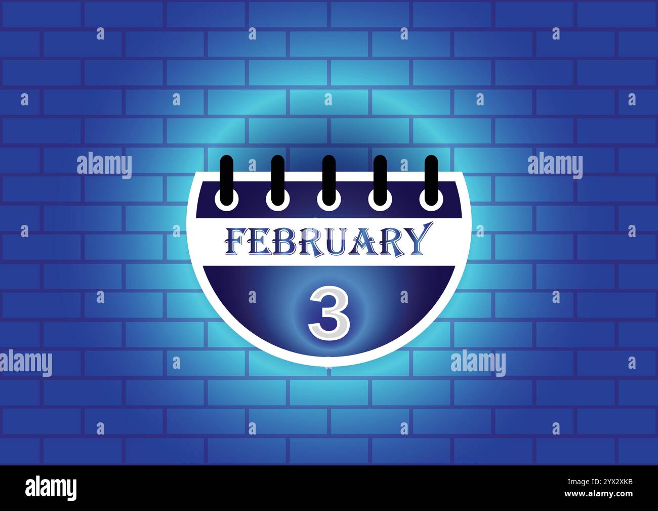 Kalenderschild vom 3. Februar auf blauem Neonmauerhintergrund. Flaches Design. Datum, Tag und Monat. Vektorabbildung. Stock Vektor