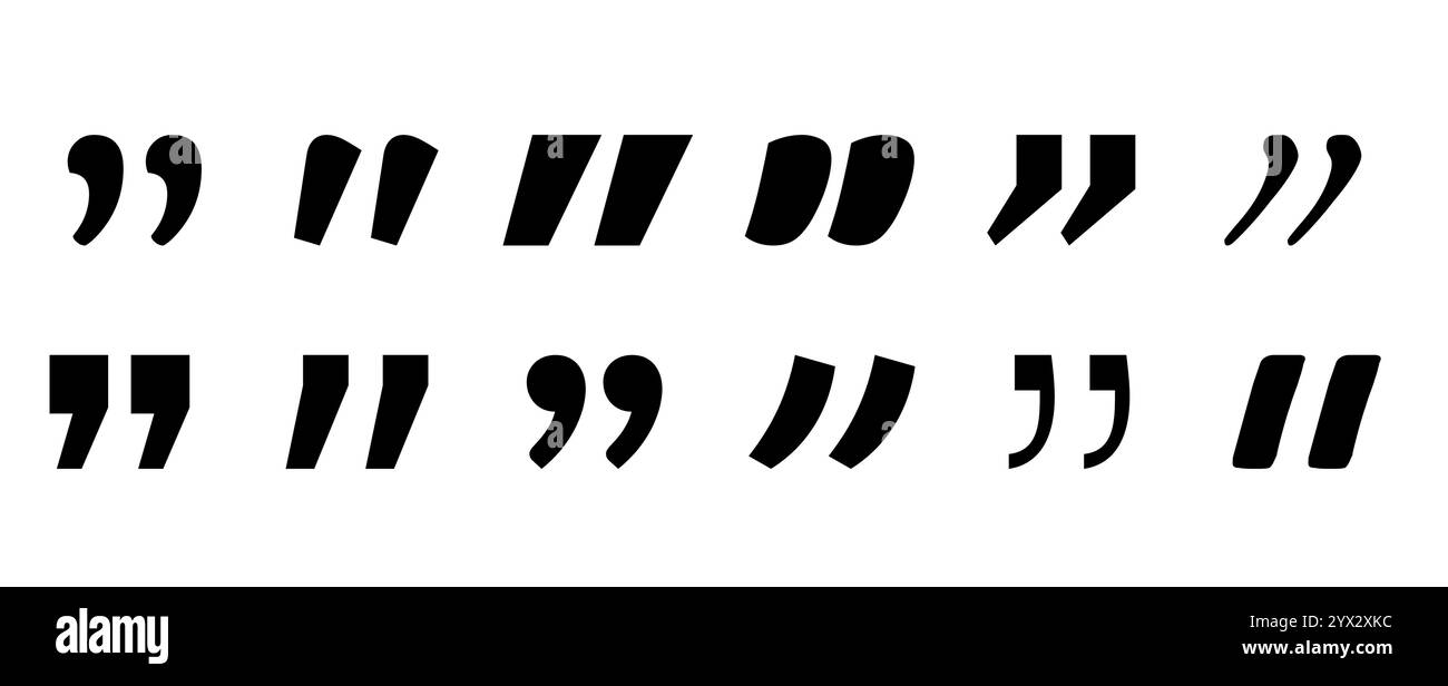 Anführungszeichen durch Doppelkommas. Zitieren Sie das Zeichen seufzen für die Chat-Diskussion. Dialogelement für Satzzeichen in Anführungszeichen. Flaches, einfaches Zitieren, schwarzes Symbol Stock Vektor