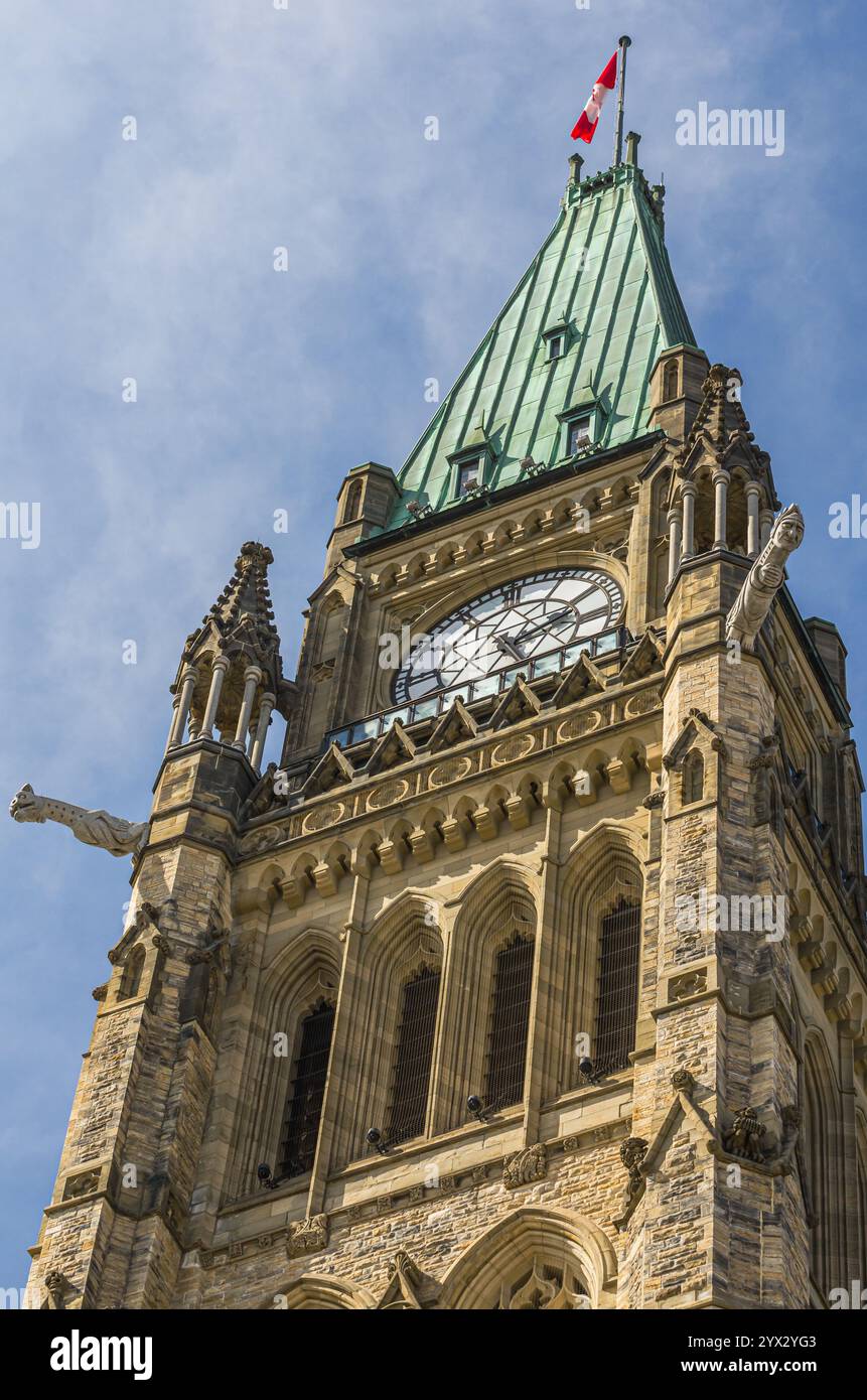 Peace Tower des Canadian Parliament Building auf dem Parliament Hill, Nahaufnahme, Ottawa, Ontario, Kanada Stockfoto