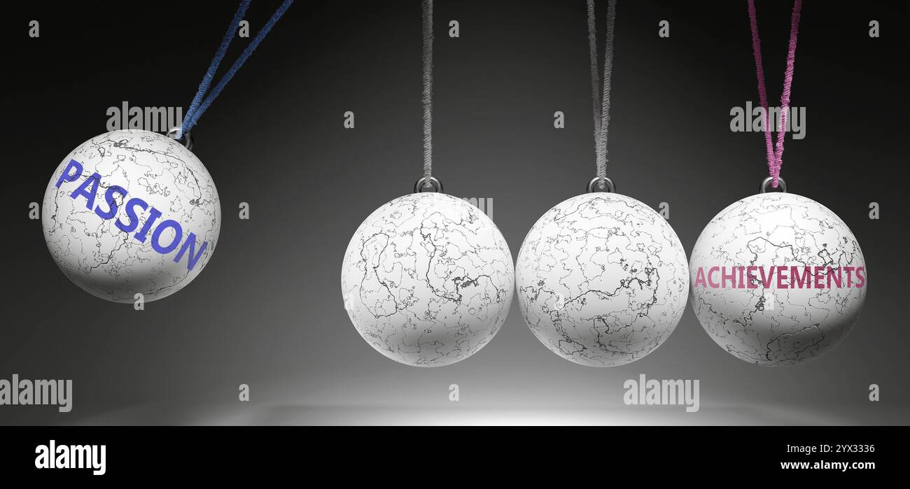 Leidenschaft und Leistungen - Ursache-Wirkungs-Beziehung. Eine Metapher der Newton-Wiege, die zeigt, wie Leidenschaft zu Erfolgen führt. Es initiiert Achieve Stockfoto