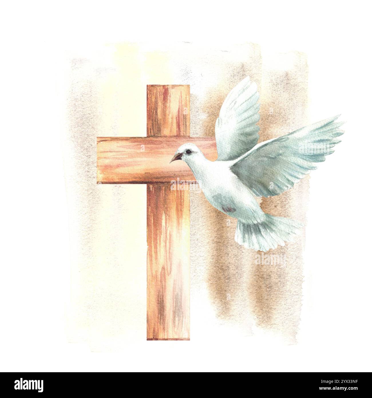 Weiße Taube mit Holzkreuz auf beigefarbenen Aquarellspritzern, gepunktetem Hintergrund. Fliegende Vogeltaube, Symbol des Friedens und der christlichen Religion. Handgezeichnet Stockfoto