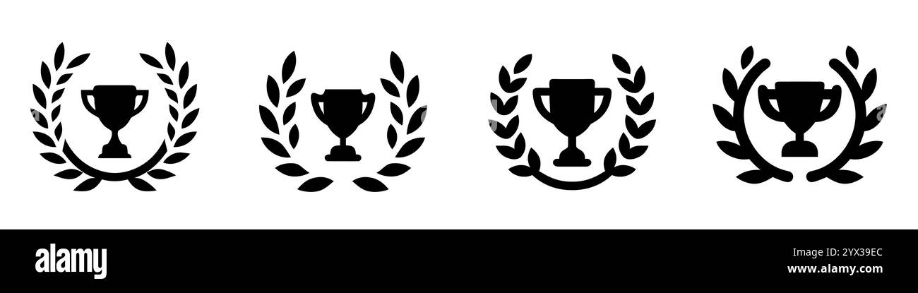 Set aus schwarzen Vektorsymbolen, die Trophäen darstellen, umgeben von Lorbeerkränzen, die Sieg, Erfolg und Erfolg symbolisieren Stock Vektor