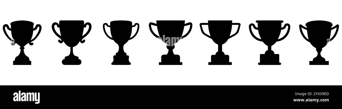 Satz von Vektorsymbolen, die Trophäenbecher darstellen, die Erfolg, Erfolg und Sieg symbolisieren Stock Vektor