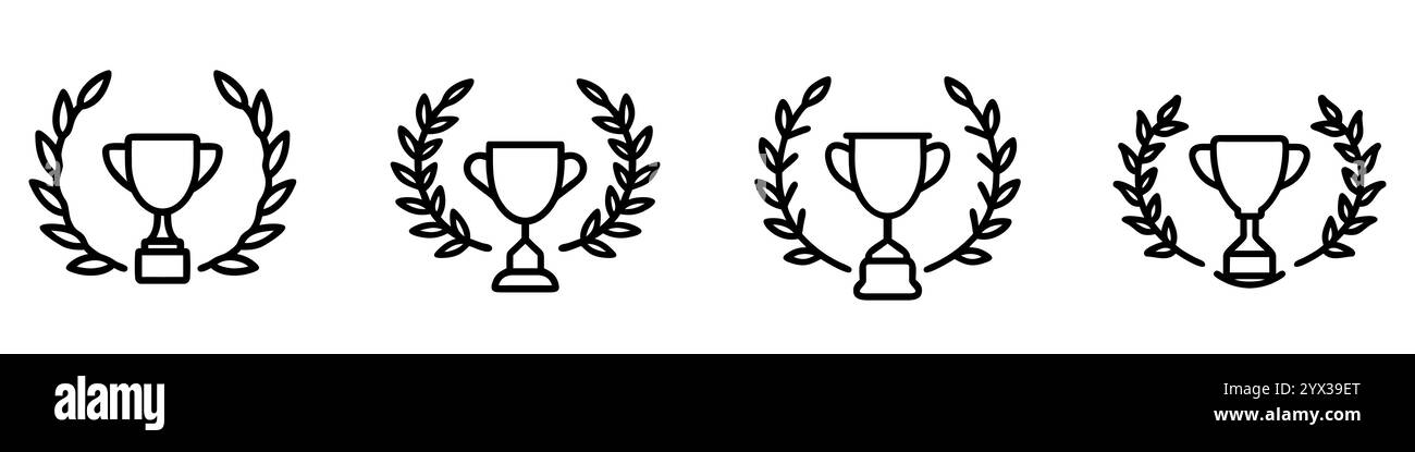 Set aus schwarzen Vektorsymbolen, die Trophäen darstellen, umgeben von Lorbeerkränzen, die Sieg, Erfolg und Erfolg symbolisieren Stock Vektor