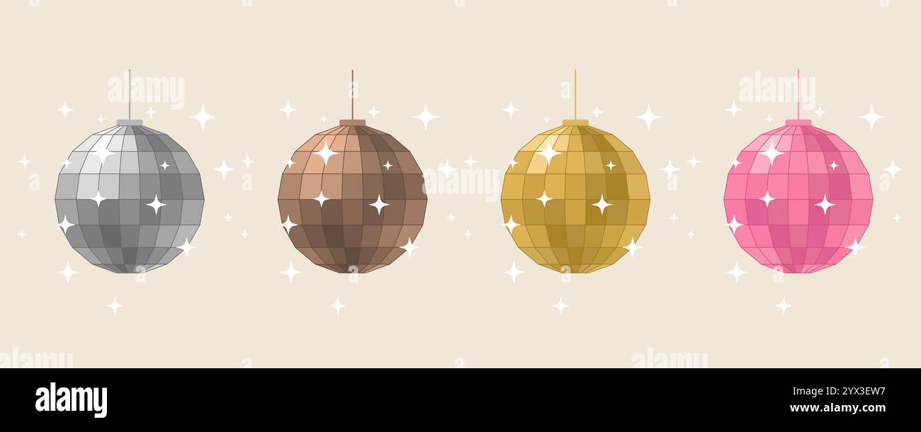 Disco-Kugeln Set, Retro-Musik-Party-strahlende Sphäre, ein Symbol des Neujahrs. Abgewickelte Vektorillustration Stock Vektor