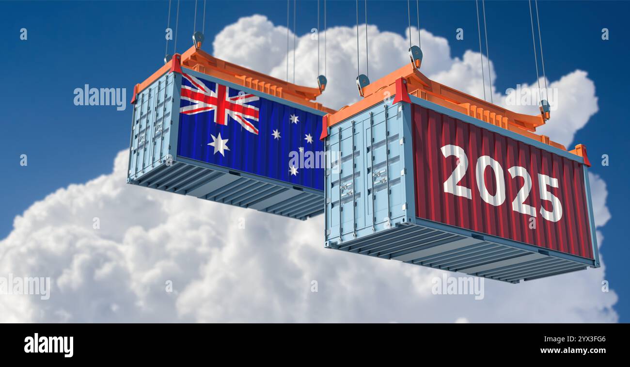 Handel 2025. Frachtcontainer mit australischer Nationalflagge. 3D-Rendering Stockfoto