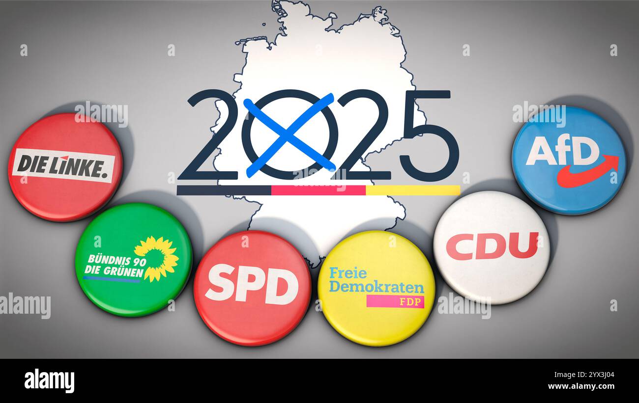 2025 Bundestagswahl in Deutschland und die laufenden Parteien Stockfoto