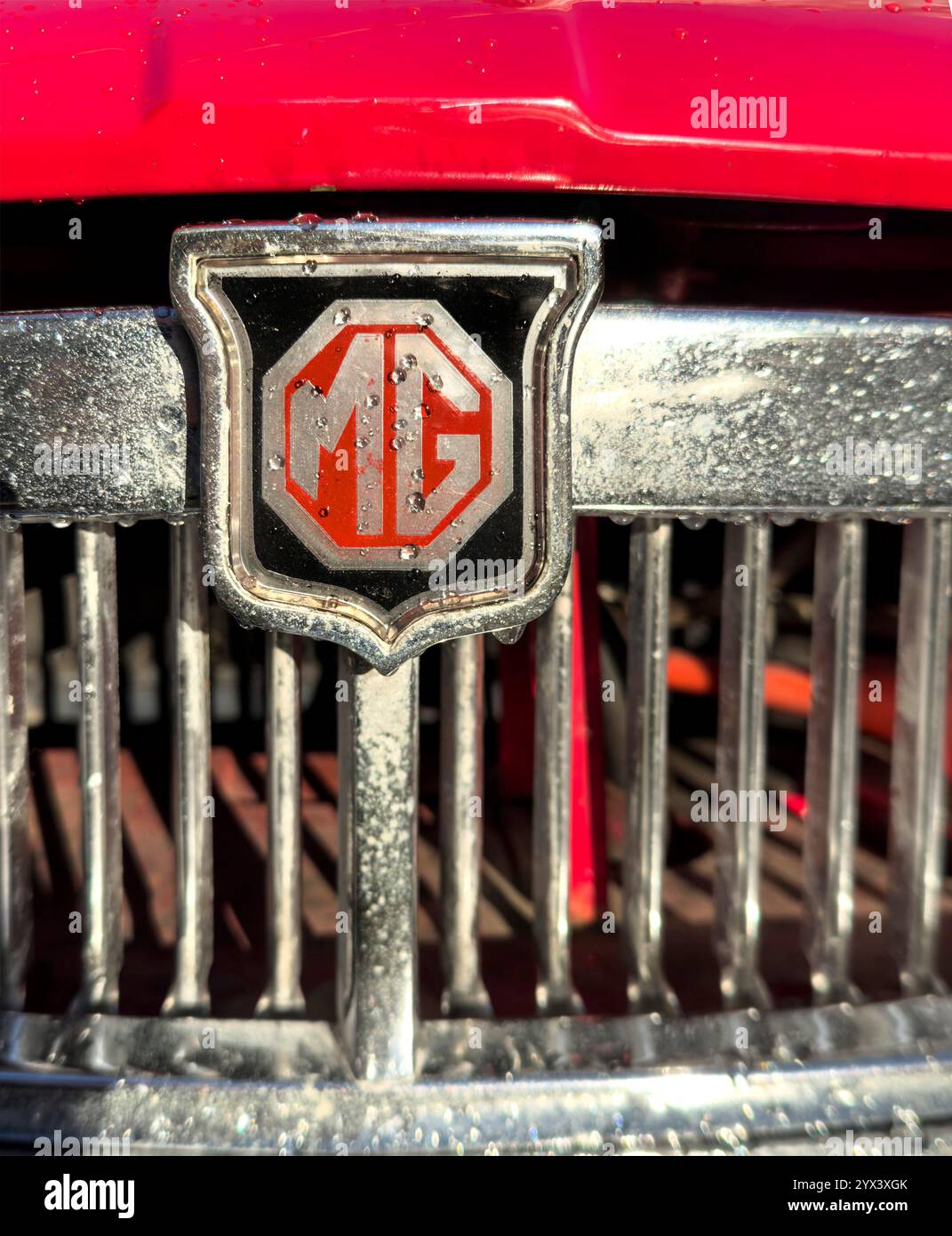 Nahaufnahme eines Vintage-MG-Kühlergrills mit dem ikonischen Emblem und den komplizierten Chromdetails bei hellem Sonnenlicht auf roter Farbe Stockfoto