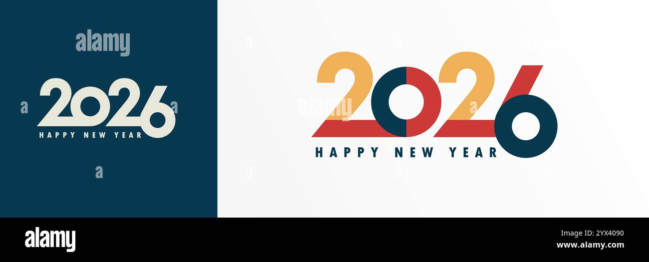 Design-Konzept für ein Happy New Year-Logo für 2026. Vektorvorlage mit farbiger und grauer Schrift für Grußkarten, Kalendereinbände oder Poster Stock Vektor