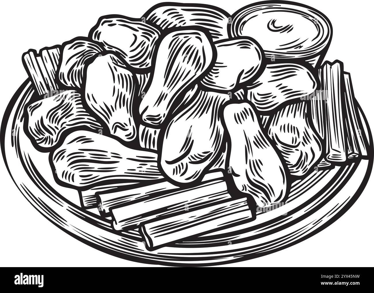 Büffelflügel und Sauce traditionelle Gericht Linie Zeichnung Vektor Illustration. Stock Vektor