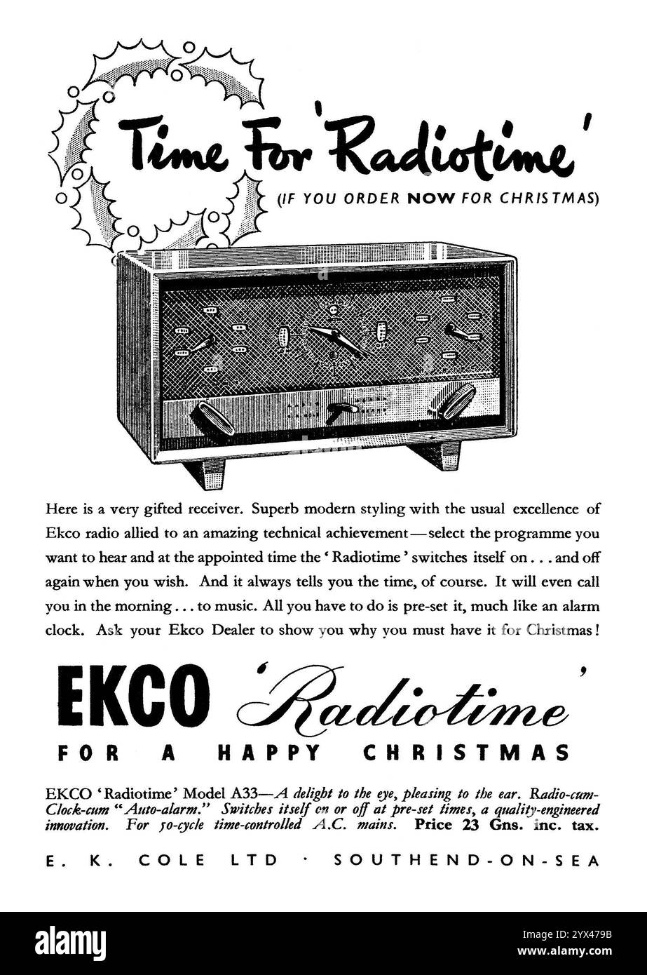1948 British EKCO Radiotime A33 Radio Receiver Weihnachtsanzeige Stockfoto
