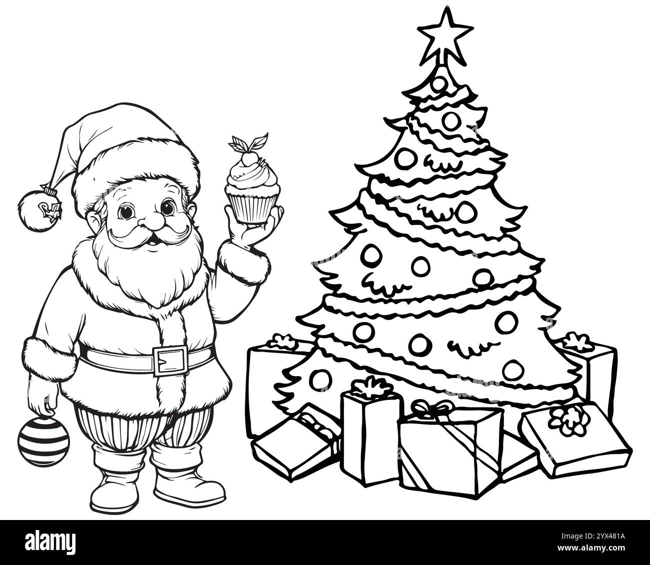 Weihnachtsmann Weihnachtsstraße-Szene-Malseite. Weihnachtsmann mit Weihnachtsbaum Ausmalseite. Weihnachtsmann mit Geschenken. Stock Vektor