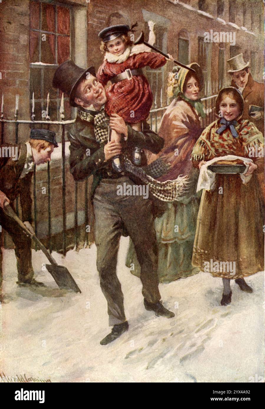 "Tiny Tim und sein Vater", 1900. „Tiny Tim“, c1900. Tiny Tim und Bob Cratchit sind Charaktere in Charles Dickens Roman A Christmas Carol. Aus „Geschichten von Kindern aus Dickens“, erzählt von seiner Enkelin Mary Angela Dickens und anderen, mit einer Einführung von Percy Fitzgerald, illustriert von Harold Copping, [Raphael Tuck &amp; Sons Ltd, London, 1900] Stockfoto