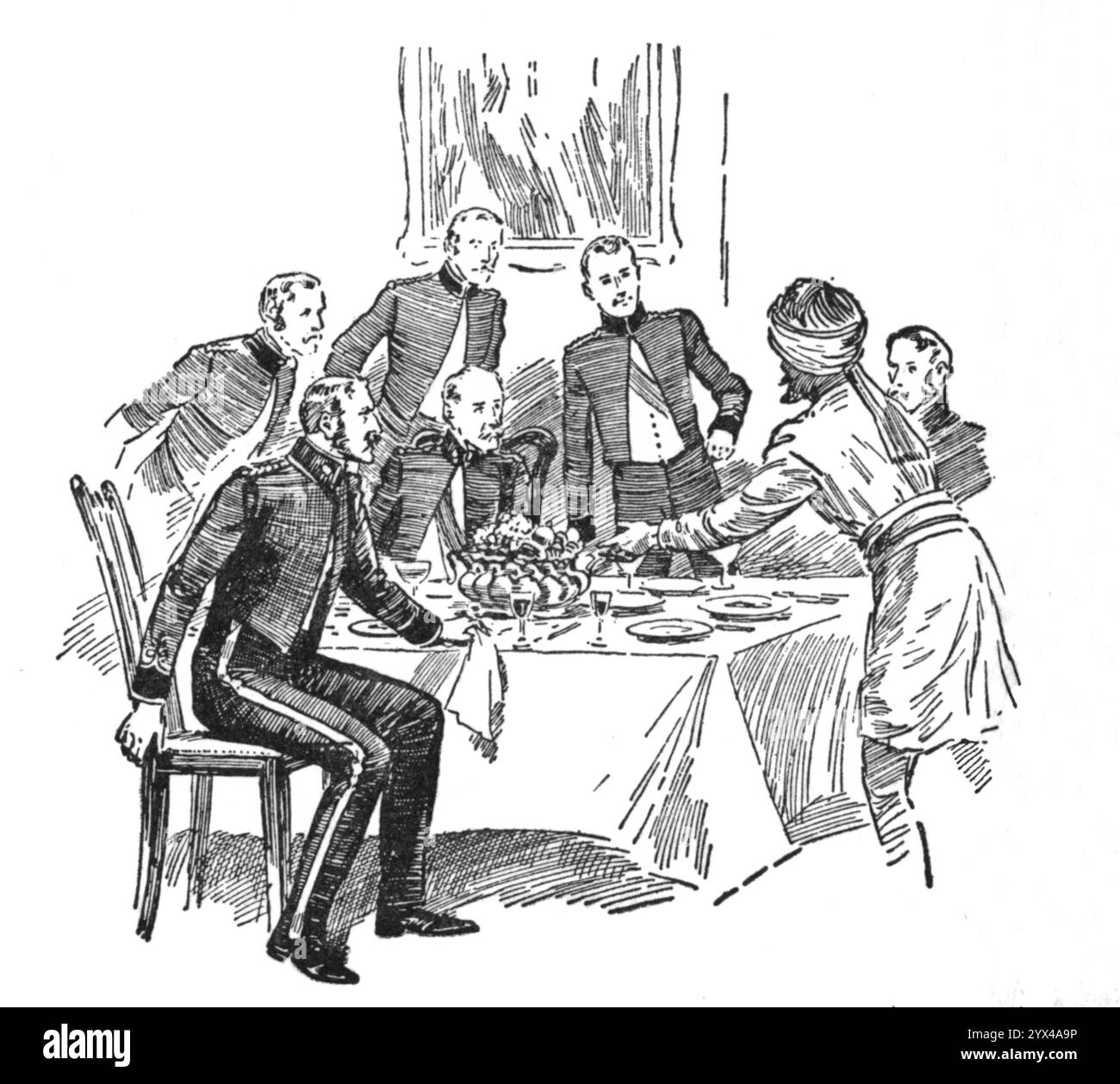 „Nachricht vom Ausbruch in Meerut empfangen“, C1929. „Das Jahr 1857 erschreckte die Welt mit dem Ausbruch der indischen Meuterei, und [Lord Roberts], der Held von Kandahar..., ein junger Mann von 24 Jahren, aß mit seinem Chaos in Peshawar, als eine Nachricht empfangen wurde, die den Ausbruch von Meerut, die Verbreitung der Unzufriedenheit auf Delhi, den Aufstieg der einheimischen Soldaten und die Ermordung vieler Offiziere und Bewohner an beiden Stationen beschreibt. Die versammelten Offiziere waren für einen Moment dumm, aber keine Zeit ging verloren, um eine Konferenz aller Behörden zu organisieren, die in Reichweite waren Stockfoto