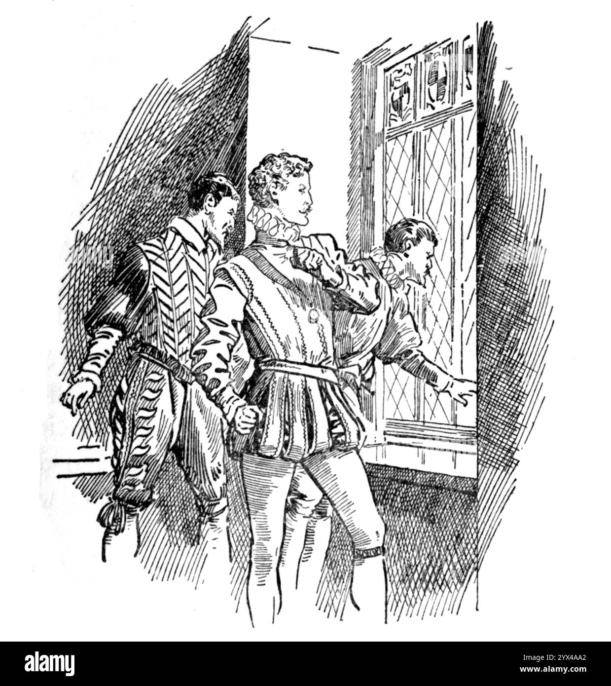 Sidney wurde im Haus seines Freundes Walsingham geschützt, um 1929. "Philip Sidney wurde in der Nacht des 24. August 1572, einer Nacht, die durch das Massaker des heiligen Bartholomäus für immer unvergesslich gemacht wurde, im Haus des englischen Botschafters Sir Francis Walsingham, in der er der Intoleranz der Times zum Opfer gefallen sein könnte." Das Massaker am Bartholomäus-Tag war eine gezielte Gruppe von Morden und eine Welle katholischer Mob-Gewalt gegen die Hugenotten. Aus „heroischen Taten großer Männer“ von C. Sheridan Jones und Alfred Miles, illustriert von Howard Davi Stockfoto