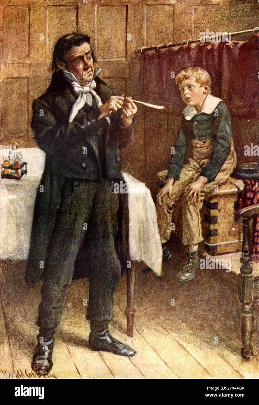 Mr. Squeers und ein neuer Schüler, 1900. Charaktere in „Smike and Dotheboys Hall“, einer Geschichte, die von Charles Dickens Roman „Nicholas Nickleby“ inspiriert wurde. Wackford Squeers ist ein grausamer, einäugiger Schulmeister in Yorkshire. Er leitet Dotheboys Hall, ein Internat für unerwünschte Kinder. Aus „Geschichten von Kindern aus Dickens“, erzählt von seiner Enkelin Mary Angela Dickens und anderen, mit einer Einführung von Percy Fitzgerald, illustriert von Harold Copping, [Raphael Tuck &amp; Sons Ltd, London, 1900] Stockfoto