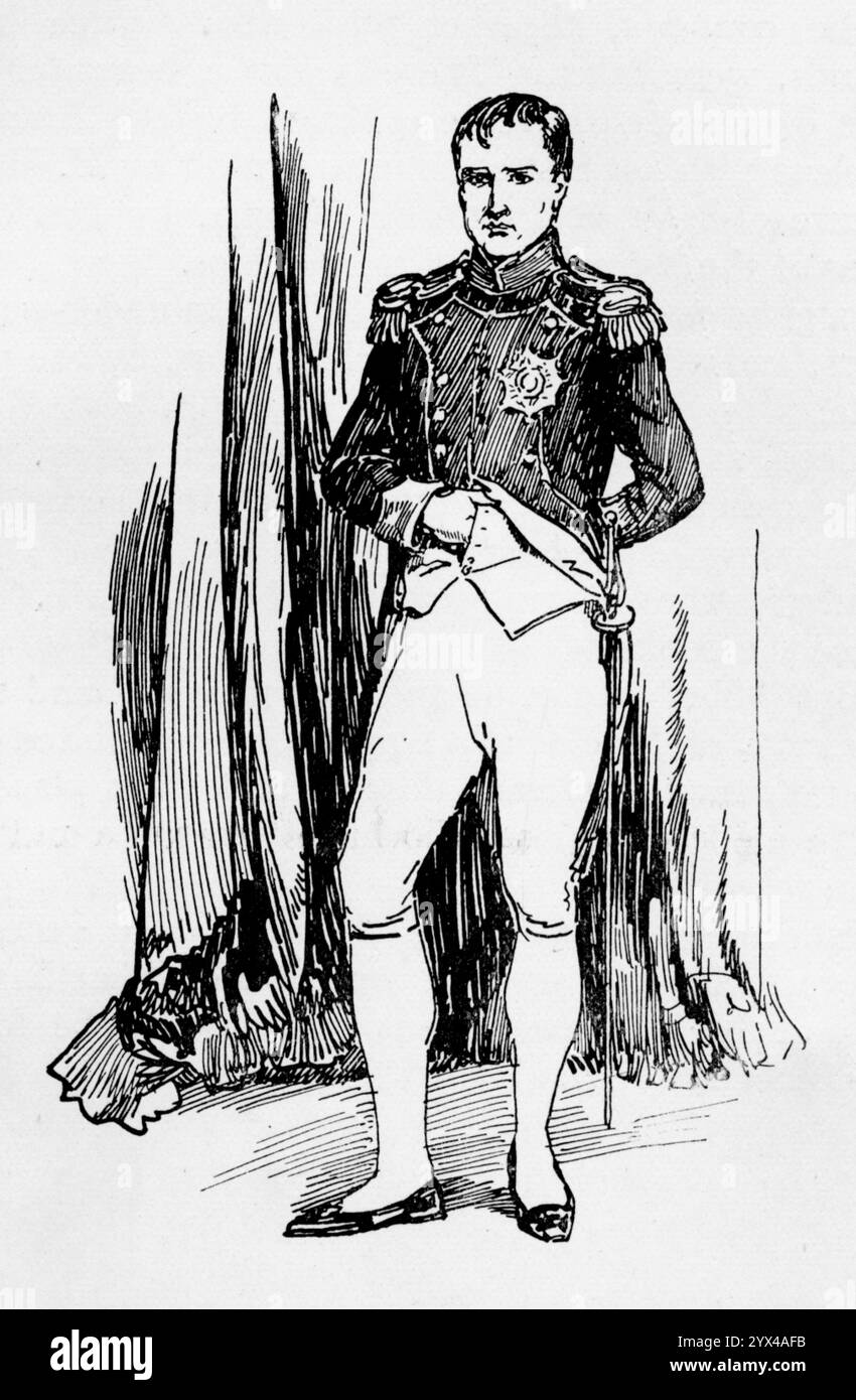 "Napoleon der große, Kaiser der Franzosen, in der Uniform eines Chasseurs der Garde, mit dem Stern der Ehrenlegion", 1925. Illustration einer Wachsfigur in Madame Tussauds, einem Wachsmuseum, das 1835 von der französischen Bildhauerin Marie Tussaud in London gegründet wurde. „Napoleon Buonaparte (Nachname Bonaparte) wurde am 15. August 1769 in Ajaccio auf Korsika geboren und starb am 5. Mai 1821 in St. Helena“. Aus „Madame Tussaud's: The Palace of Enchantment“, beschrieben von Kapitän Edric Vredenburg, illustriert von Howard DAVIE, [Raphael Tuck &amp; Sons Ltd, London, 1925] Stockfoto
