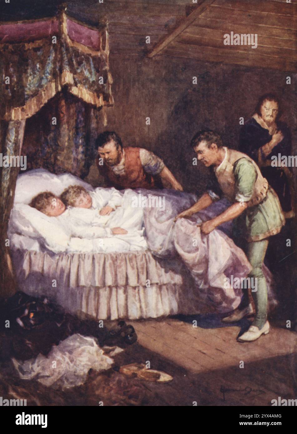 "Der Mord an den Prinzen im Turm", 1925. Illustration eines Wachstableaus in Madame Tussauds, einem Wachsmuseum, das 1835 von der französischen Bildhauerin Marie Tussaud in London gegründet wurde. „Das ist eine traurige Geschichte. Der unglückliche Kinderkönig [Eduard V.] folgte seinem Vater nach, im Alter von zwölf Jahren sandte Richard, Herzog von Gloucester, den Jungen und seinen Bruder, den Herzog von York, in den Tower of London, und von ihnen wurde nichts mehr gehört. Aus „Madame Tussaud's: The Palace of Enchantment“, beschrieben von Kapitän Edric Vredenburg, illustriert von Howard DAVIE, [Raphael Tuck &amp; Sons Ltd, London, 1925] Stockfoto