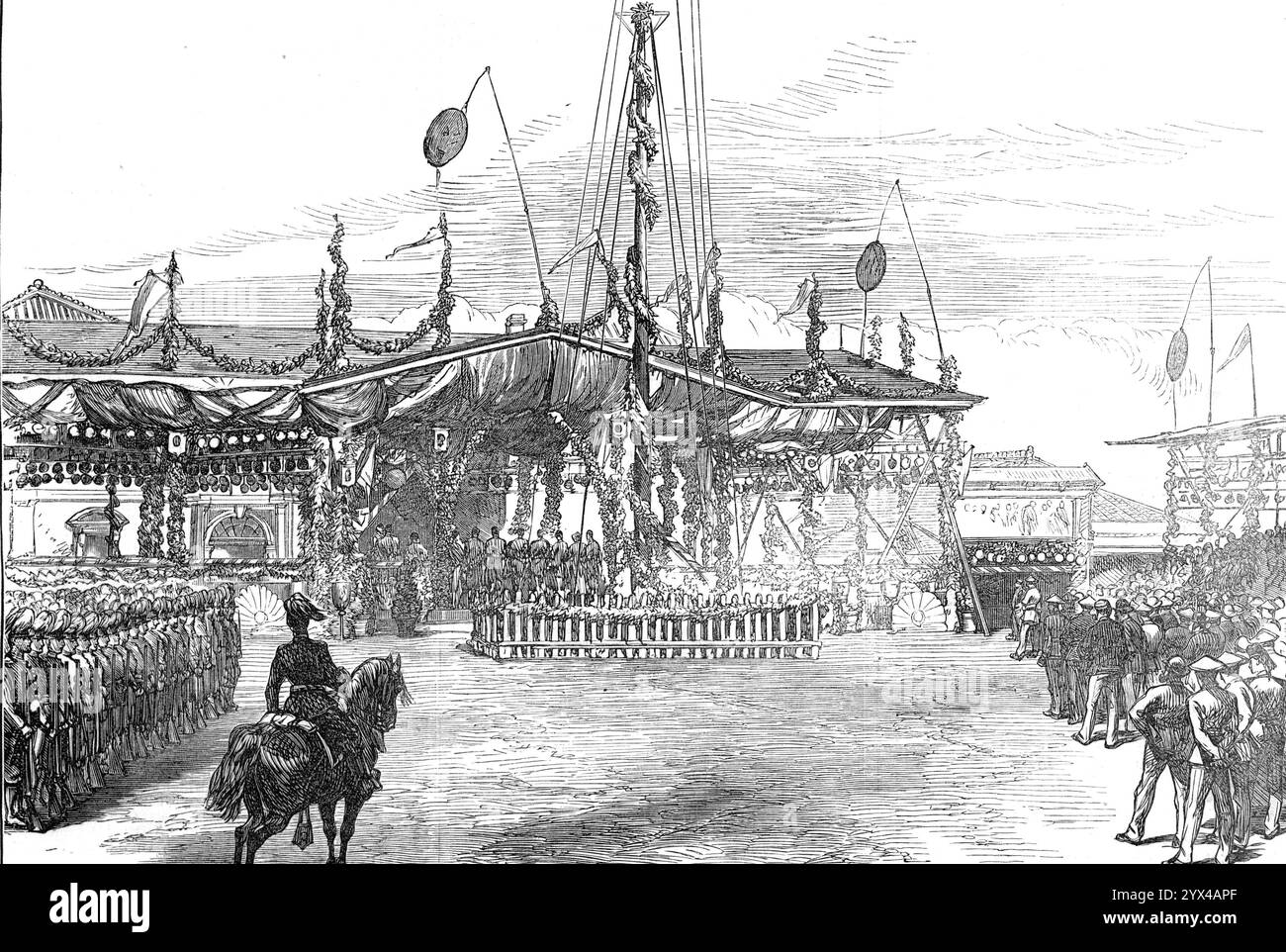 Eröffnung der ersten Eisenbahnstrecke in Japan - ausländische Einwohner halten eine Ansprache an die Mikado in Yokohama, 1872. „Unser bekannter Künstler und Korrespondent, Mr. C. Wirgman, hat zwei Skizzen des Verfahrens geschickt, mit Fotografien von Signor Beato... die Eröffnung der neuen Eisenbahn von Jeddo [Edo] nach Yokohama, der ersten in Japan gebauten Strecke, fand am 14. Oktober statt... der Bahnhof hier war wie der Bahnhof Jeddo dekoriert...“ Ich ging gegenüber der kaiserlichen Kutsche und sah den Mikado aussteigen. Sein Hof beugte sich vor ihm, und nach einer kleinen Pause begann er langsam vorwärts zu gehen... das Vori Stockfoto