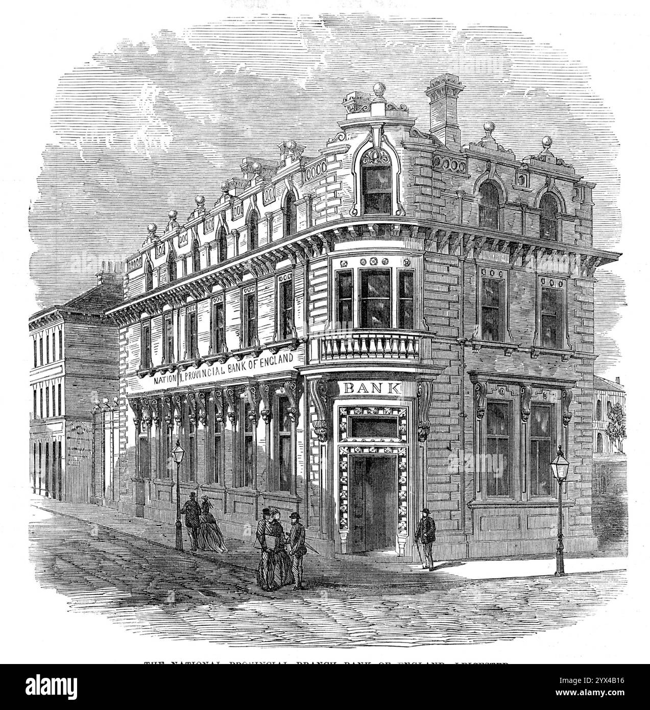 Die National Provincial Branch Bank of England, Leicester, 1872. Die Leicester-Niederlassung der National Provincial Bank of England wurde kurz darauf unter der Leitung von Herrn J. S. Brand eröffnet. Das neue Gebäude, das in unserer Gravur gezeigt wird, befindet sich auf dem Gelände des Old Three Crowns Hotel, an der Ecke Granby-Street und Horsefair. Das Gebäude enthält eine allgemeine Bankfiliale, 58 m 31 m groß, mit starken Zimmern, Beratungsraum und Toiletten im Erdgeschoss; die beiden oberen Stockwerke werden für die Wohnung des Managers verwendet. Der italienische Stil der Fassade ist modifie Stockfoto