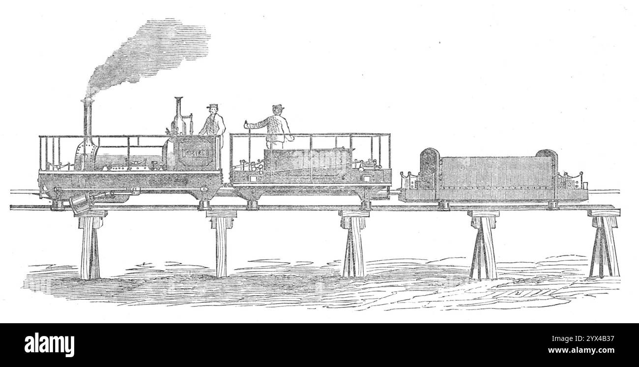 Plan der militärischen Schmalspurbahn, 1872. Mr. J. B. Fell, der Erfinder des Systems, erklärte den Plan und die Arbeit dieser Feldbahn. Die Versuchslinie ist mehr als eine Meile lang...die Arbeitspläne wurden vorbereitet und der Motor wurde von den Herren Manning, Wardle und Co. Gebaut,...die Lasten waren unterschiedlich, einige waren aus Heu oder Stroh, andere aus Mehl in Säcken und Schweinefleisch in Fässern oder aus Schuss und Muschel; andere trugen eine Reihe von Soldaten. Die Personenzüge wurden mit einer Geschwindigkeit von 20 km/h über die Strecke gefahren, gemischte Züge mit 15 km/h und Güterzüge A Stockfoto