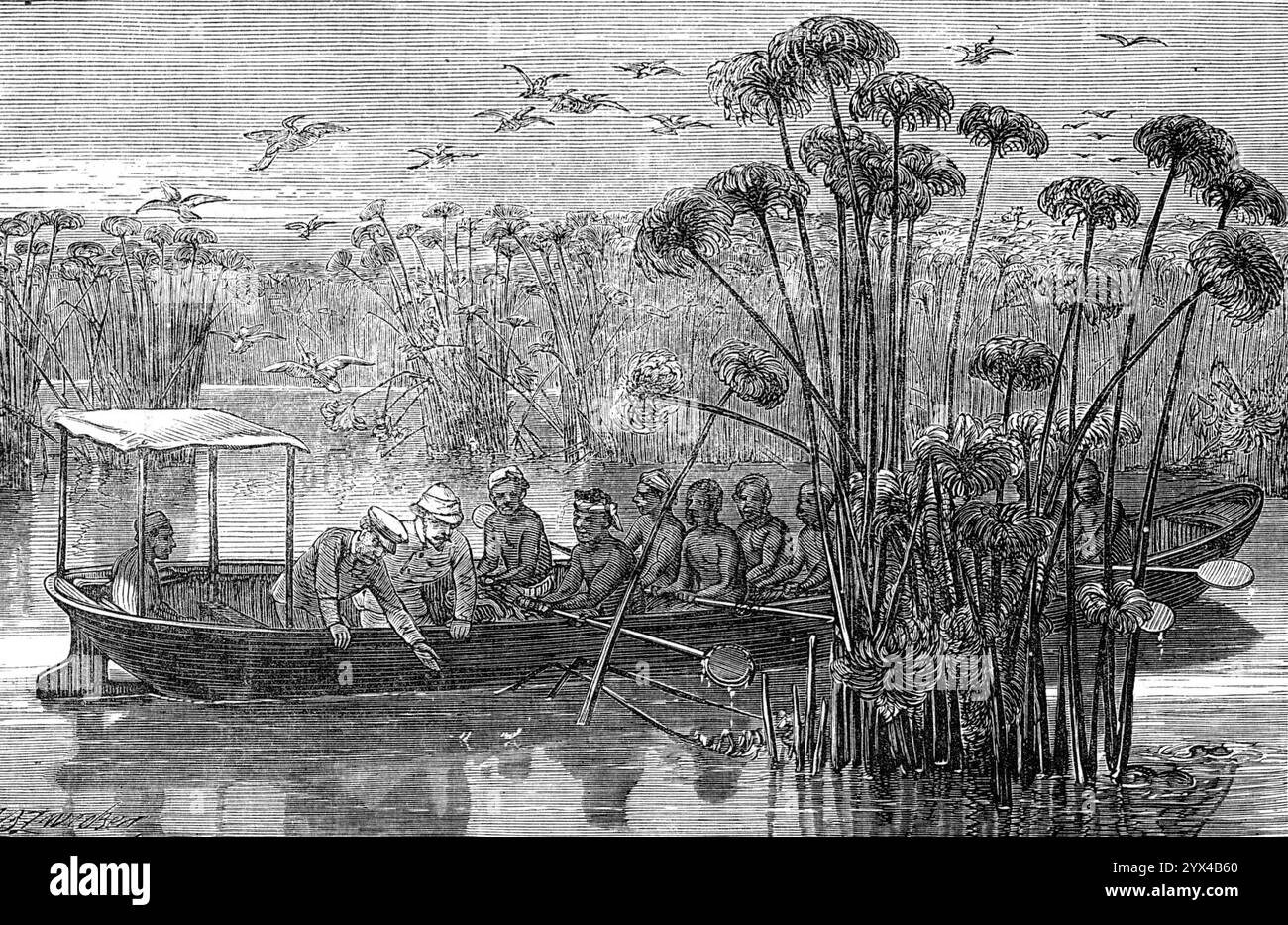 An der Mündung des Rusizi, Tanganjikasee, 1872. Stanley und Livingtone während ihrer Kreuzfahrt in einem Kanu zum nördlichen Ende des Tanganjikasees und zur Mündung des Rusizi, die sie in den See fließen, nicht aus ihm heraus - Lösung eines wichtigen geografischen Problems. Diese Kreuzfahrt dauerte 28 Tage. Gegen Ende Dezember brachen Livingstone und Stanley zusammen von Ujiji auf, um nach Unyanyembe zu gehen, wo sie sich trennen sollten. Sie erreichten diesen Ort am 18. Februar und blieben dort bis zum 14. März in Gesellschaft. Mr. Stanley verabschiedete sich dann von dem illustren Mann, dessen verzweifelte Einsamkeit h Stockfoto An der Mündung des Rusizi, Tanganjikasee, 1872. Stanley und Livingtone während ihrer Kreuzfahrt in einem Kanu zum nördlichen Ende des Tanganjikasees und zur Mündung des Rusizi, die sie in den See fließen, nicht aus ihm heraus - Lösung eines wichtigen geografischen Problems. Diese Kreuzfahrt dauerte 28 Tage. Gegen Ende Dezember brachen Livingstone und Stanley zusammen von Ujiji auf, um nach Unyanyembe zu gehen, wo sie sich trennen sollten. Sie erreichten diesen Ort am 18. Februar und blieben dort bis zum 14. März in Gesellschaft. Mr. Stanley verabschiedete sich dann von dem illustren Mann, dessen verzweifelte Einsamkeit h Stockfoto