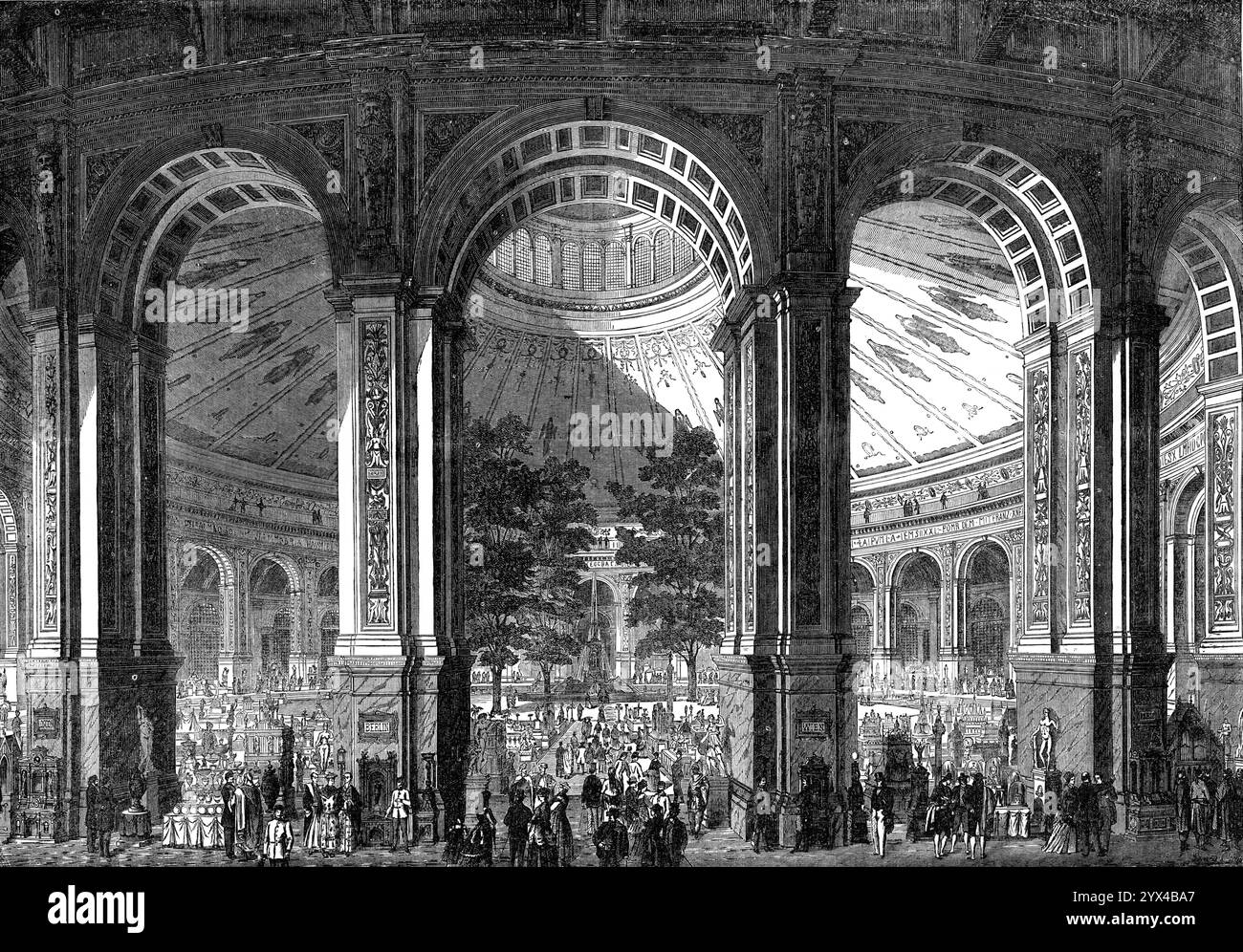 Innenraum des Wiener Messegebäudes, 1872. „Die Wiener Weltausstellung für Kunst und Industrie wird von großer kommerzieller Bedeutung sein... die Maschinen werden natürlich ein wichtiges Merkmal der Ausstellung sein, und wir möchten die Aufmerksamkeit englischer Hersteller auf die Möglichkeit lenken, Dampfkessel, Dampfmaschinen und Dampfgeneratoren auszustellen... das Messegelände befindet sich in wunderbarer Lage im prächtigen öffentlichen Park, dem Prater. Das Gebiet umfasst vier bis fünf englische Quadratkilometer. Der überdachte Raum... wird ca. 1.150.000 Quadratfuß groß sein... es ist entworfen von Stockfoto